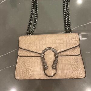 Taupe Croc-Embossed Leather Shoulder Bag with Chain Strap